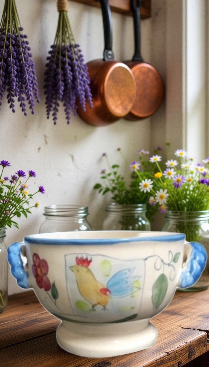 Gibson China COSABELLA Rooster Soup Cereal Bowl Blue Handles 5” Farmhouse