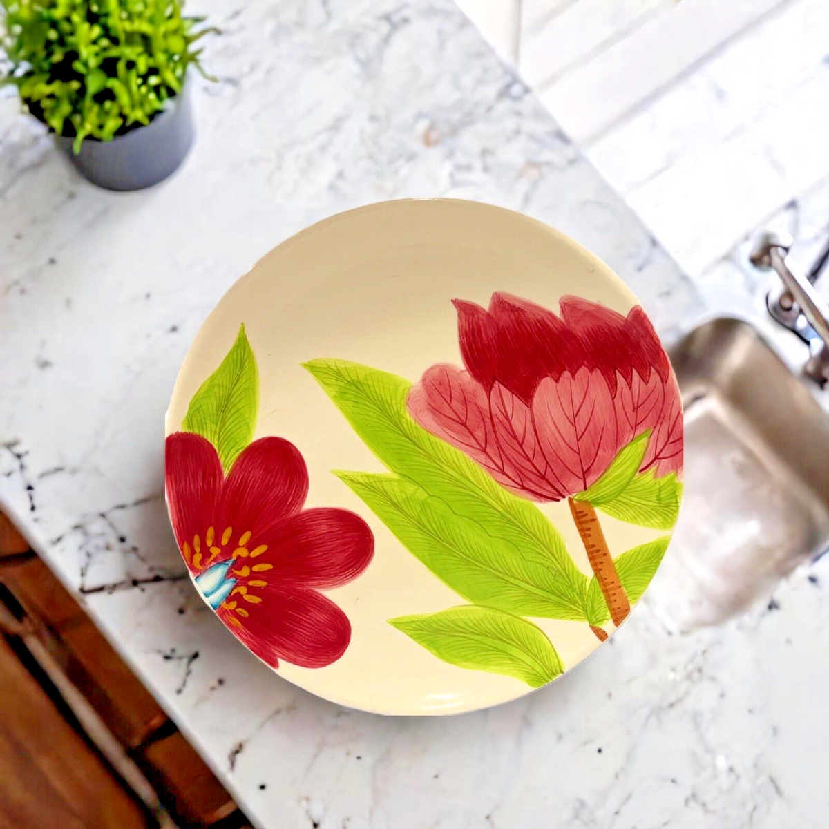 BARREVELD Serving Platter Botanical Red  Floral Ceramic Dessert Dish 13" D
