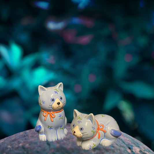 Otagiri Whimsical Cat Salt & Pepper Shakers — Blue, Flowers, Japan (Vintage)