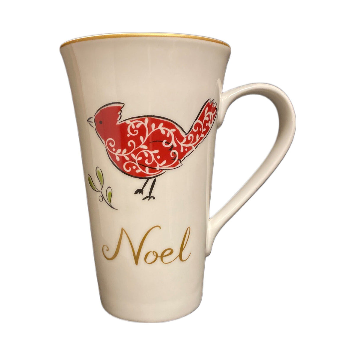 222 Fifth NATALA 3-Latte Mug Cardinal Christmas Tree Sleigh Peace Joy Noel Gold