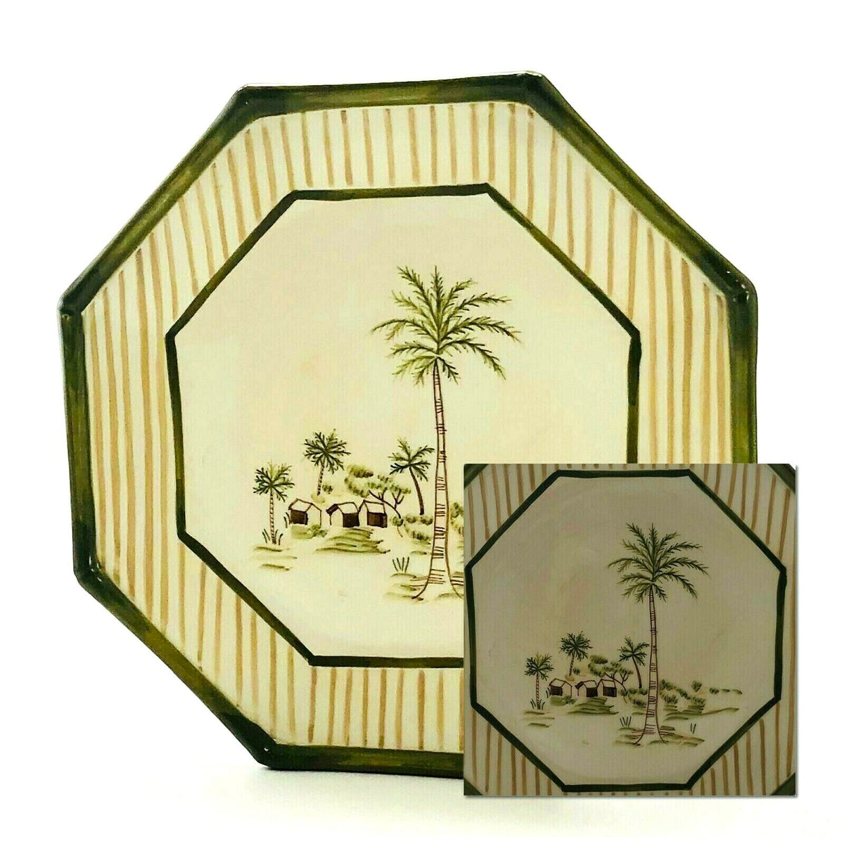 Waverly TAHITI Luncheon Plate Hand Painted Octagonal Palm Trees Stripes 9”D Dish