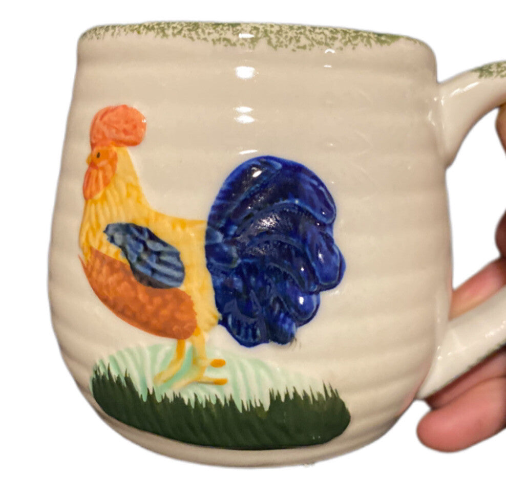 Chicken Rooster Mug ALCO Industries Ribbed 3D Cup Farmhouse Green Spongeware