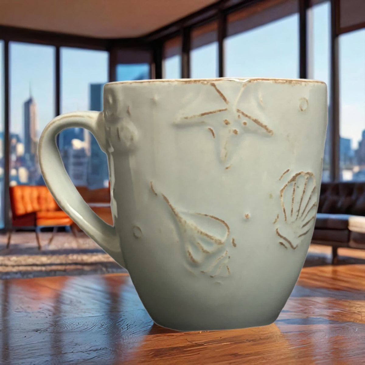 Thomson Pottery 4-Mugs CAPE COD Blue Coffee Tea Cups Embossed Seashells Nautical