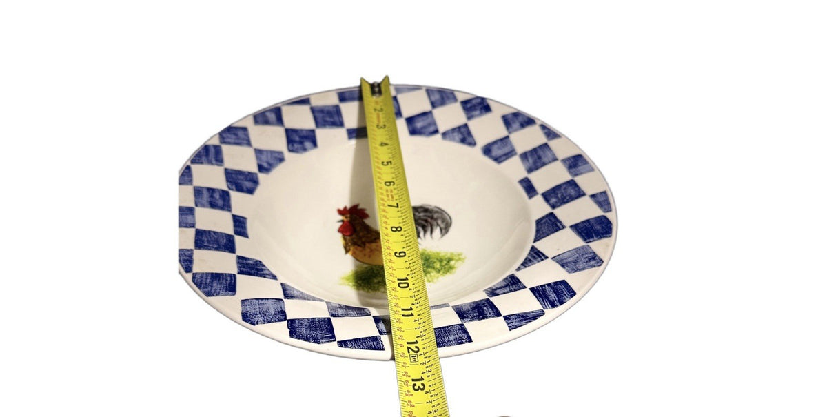 Tabletops Unlimited Countryside Rooster Pasta Serving Bowl 12.5” Blue Check Rim