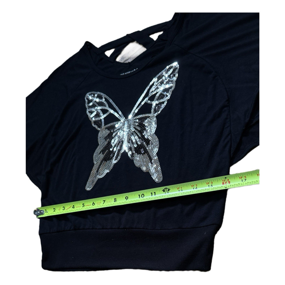 Girls L Black Sequin Butterfly Crop Top One Step Up Criss-Cross Back Tee
