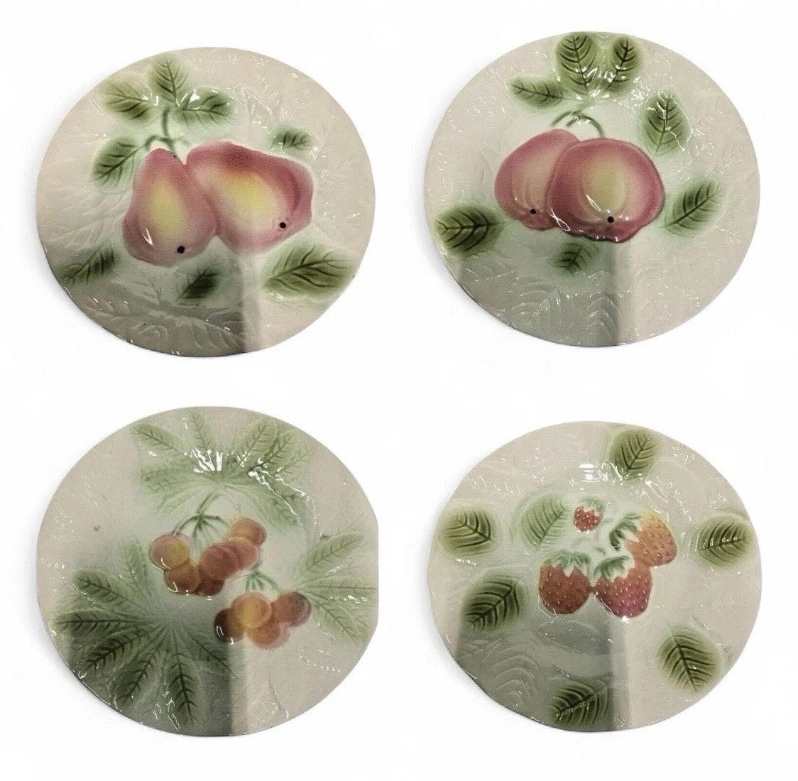 Majolica 4 Salad Plates SALIN LES BAINS France Pottery Dessert Embossed  7 3/4”D