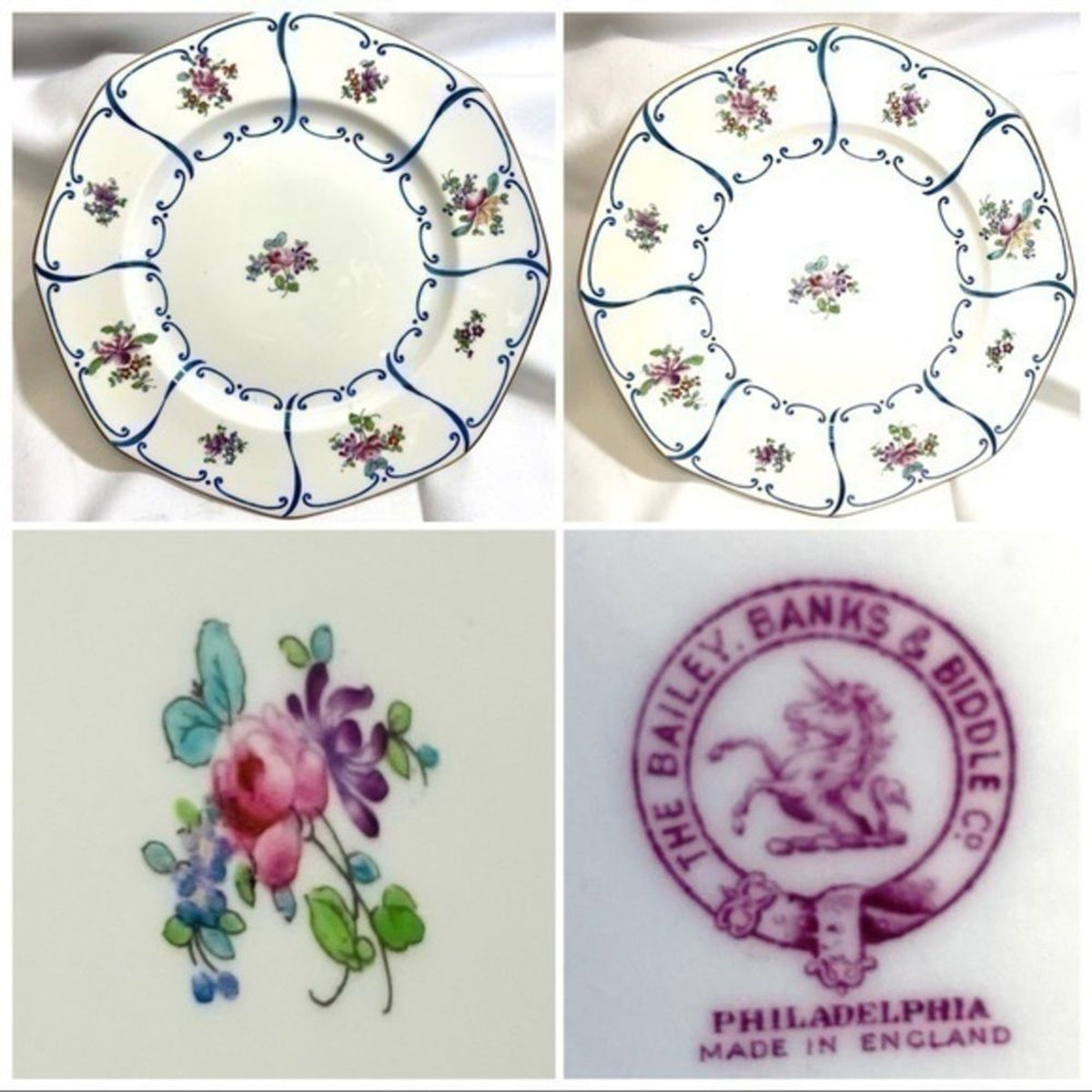 Rare BAILEY BANKS & BIDDLE 5-Dinner Plates Octagonal England 23645A Floral
