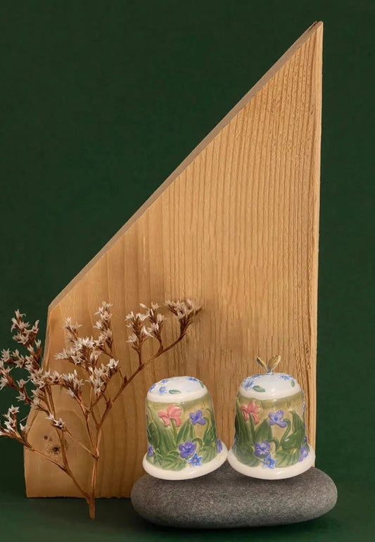 World Market Salt & Pepper Shakers — Embossed Flowers & 3D Butterfly, Ceramic