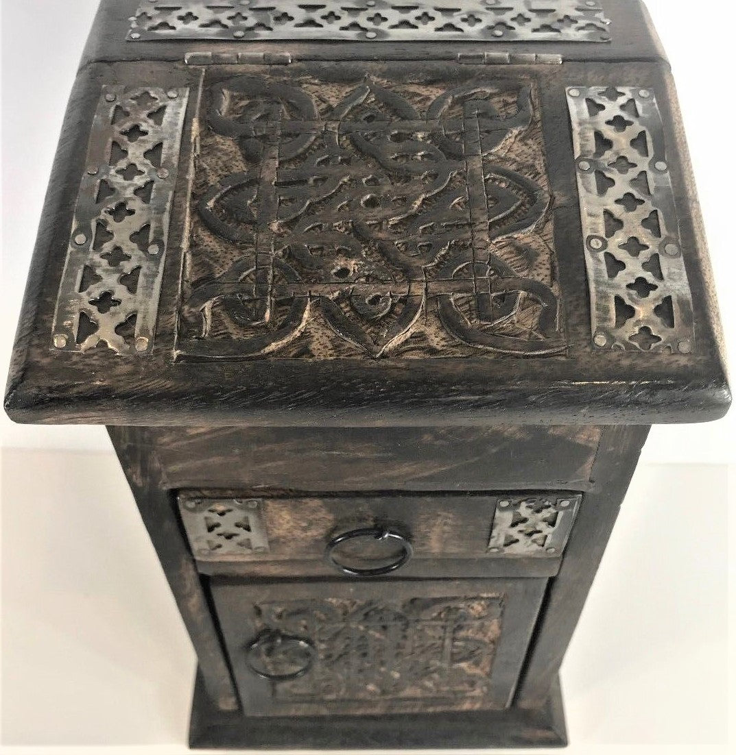 Vintage Look Mango Wood Jewelry Box Organizer Hand-Carved Treasure Chest 8.5" H