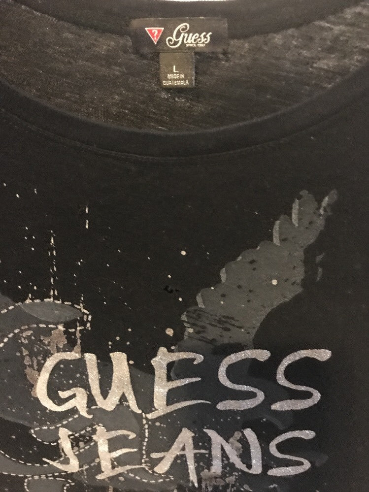 Guess Jeans Women's Black T-Shirt Silver Embellished Wonder Passion Freedom L