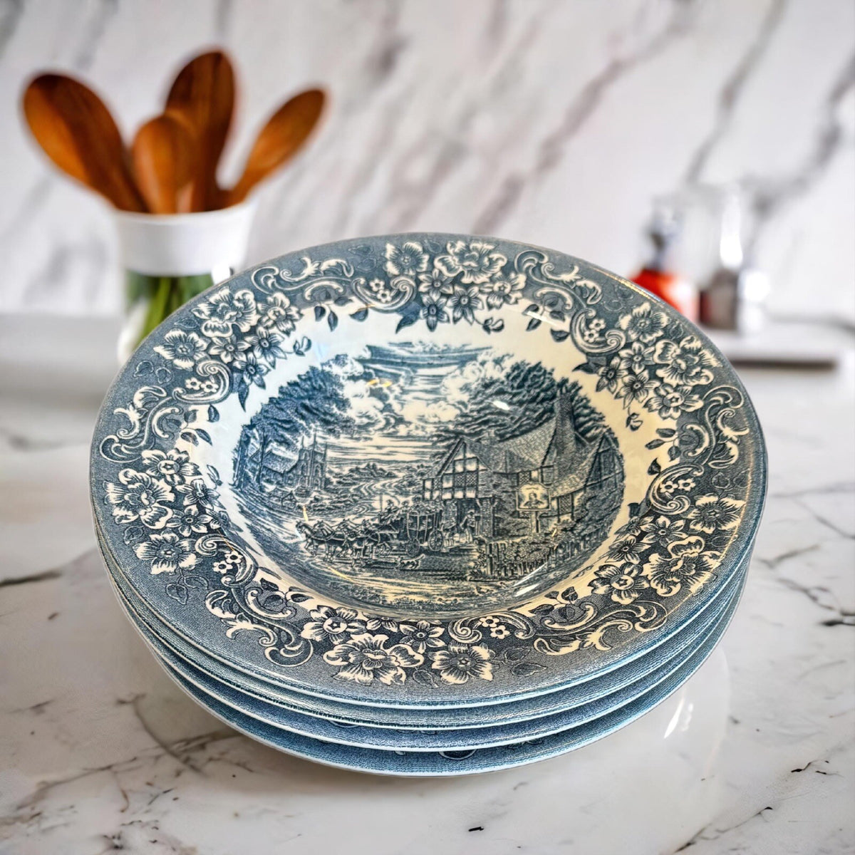 Staffordshire 4-Rim Soup Bowls Engravings 17th Century Blue 8.5"D