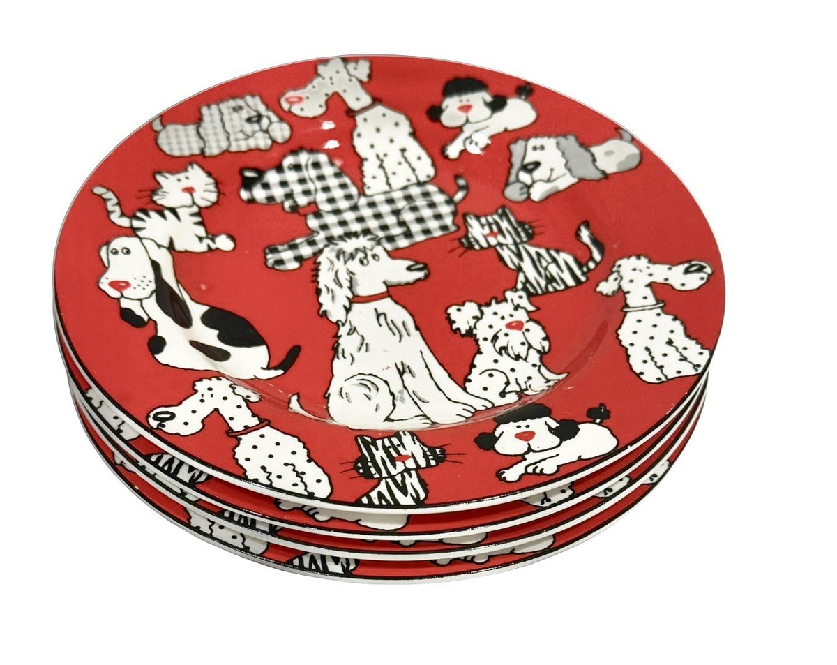 LivingQuarters 4 Salad Plates CARSON PIRIE Dogs Puppies Cats Kittens 8 1/4”D