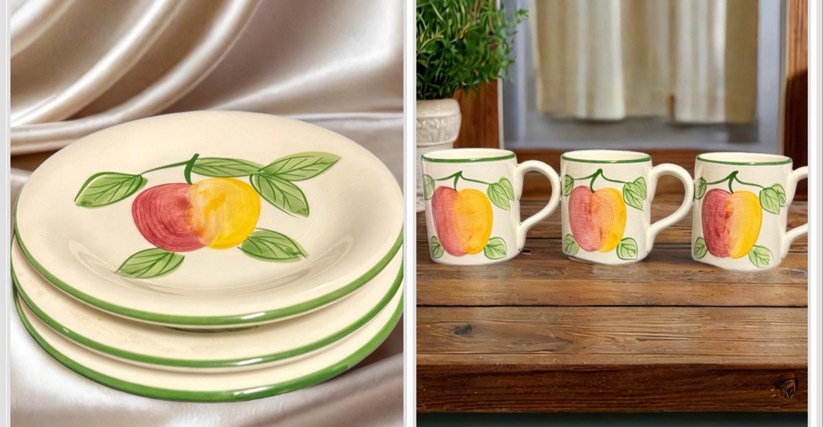 C & R 3 Dessert Plates 3 Mugs Fruit Apple Green Trim Thailand Dessert Coffee
