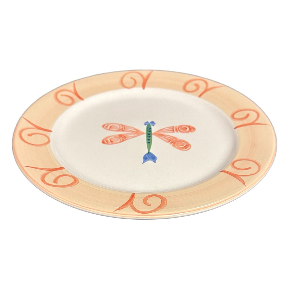 Retroneu DRAGONFLY 4-Dinner Plates Hand Painted Orange Blue White Round Ceramic