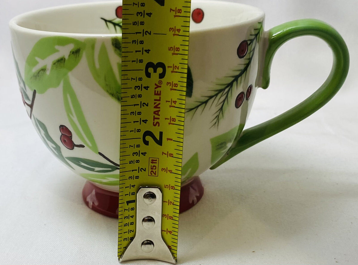 Dutch Wax Footed Mug Coastline Imports White Cup Hand Painted Holly Berries 12oz