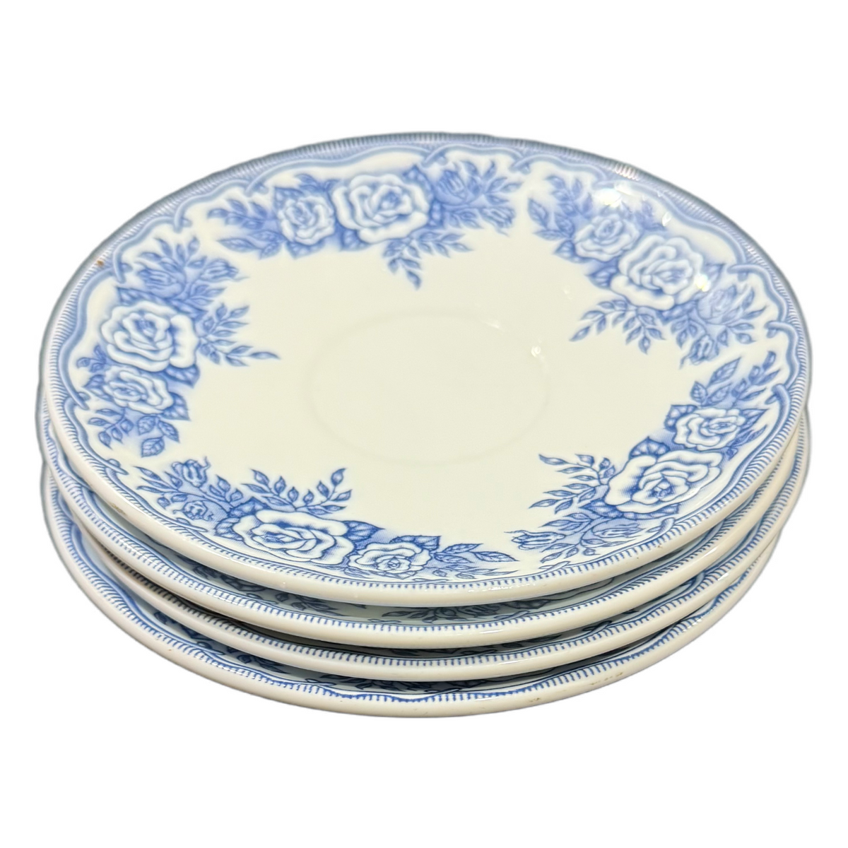 Rivanel France Blue Rose Saucers Set of 4, 5 5/8” Floral Vintage Look