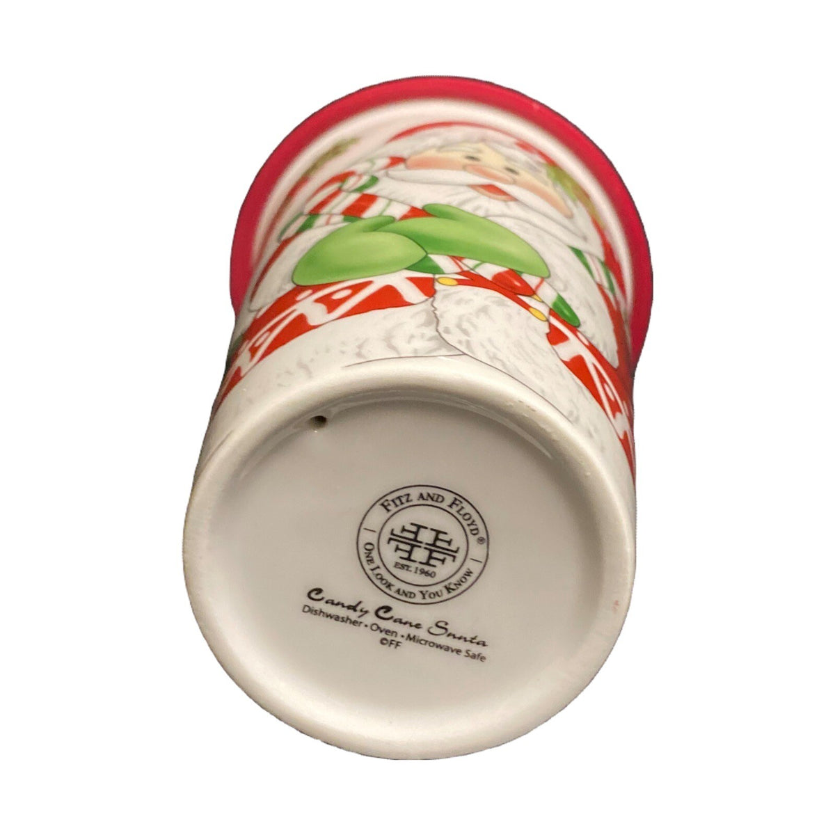 Fitz & Floyd Travel Mug Christmas CANDY CANE SANTA Holly Berry Red Silicone Lid