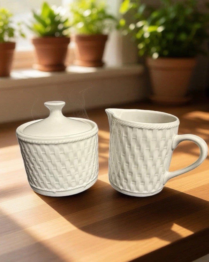 Oneida Wicker Cream & Sugar Bowl With Lid Stoneware