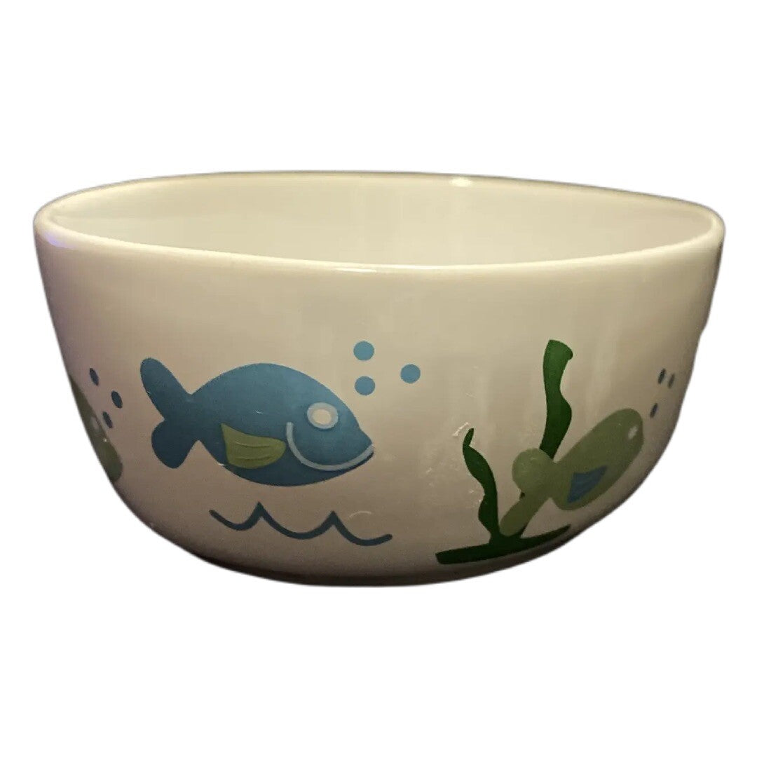 PetRageous Designs White Oval Cat Bowl Stoneware Food Water Dish Green Blue Fish