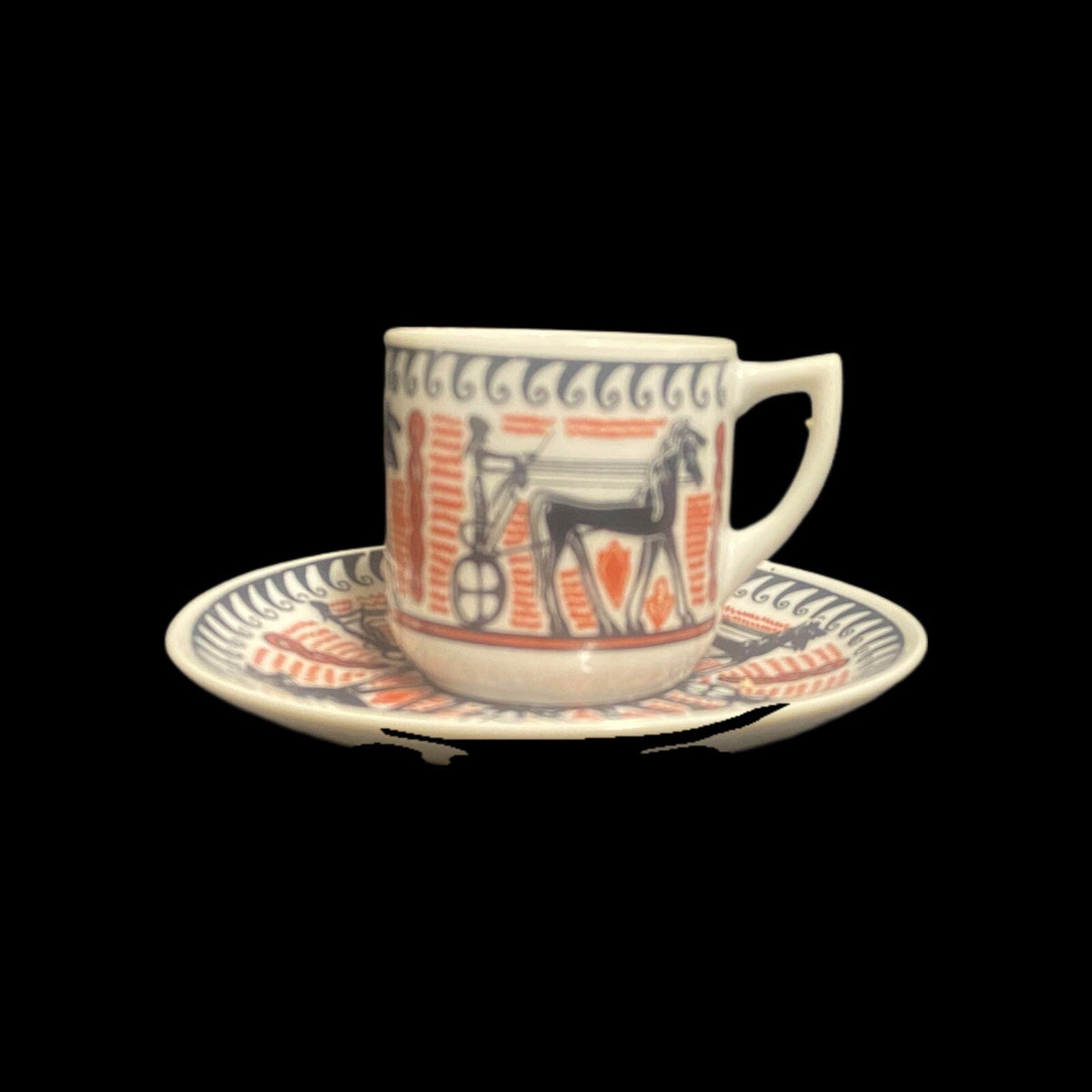 Vintage N. Leontaritis 2-Espresso Cups & 2-Saucers Horse Chariot Greece