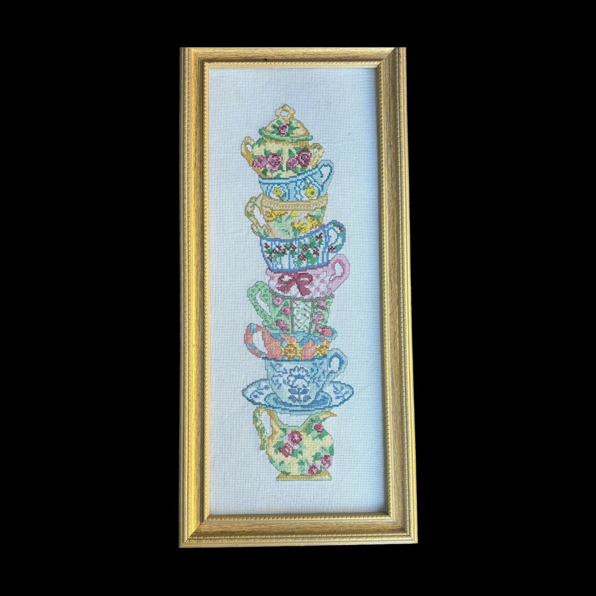 Framed Needlework Stacked Colorful Tea Cups Wall Hanger Cross Stitch