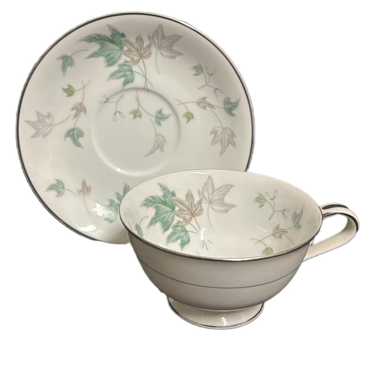 Noritake Greenwood 4-Footed Cups 4 Saucers Tea Set Silver Trim Leaves Japan 5769