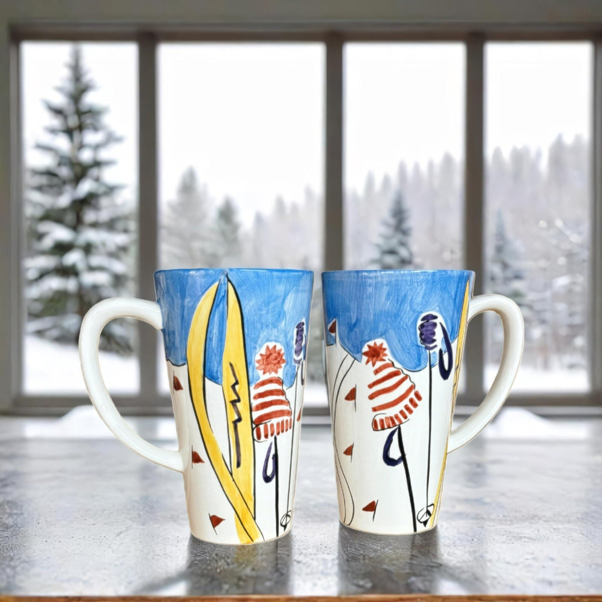Trish Richman 2-Latte Mug At Home Winter Ceramic Coffee Tea Cup Snow Ski Hat