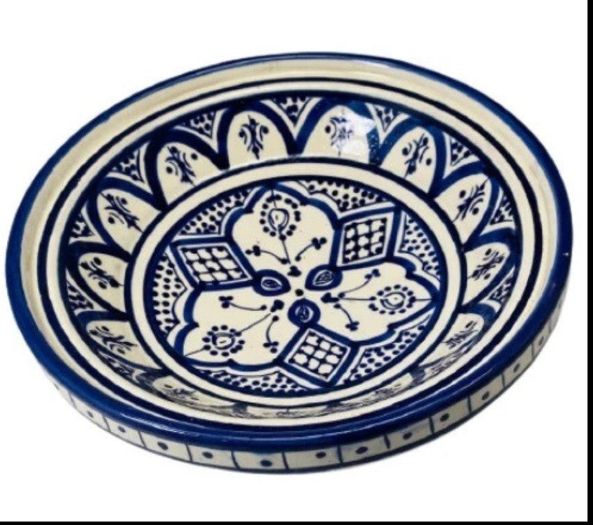 Moroccan Tagine Blue & White Base 7 7/8”D Terracotta Salad Bowl Tajine – No Lid