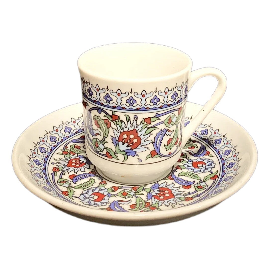 Turkish Coffee Espresso Cups & Saucers Set of 2 Floral Geometric Porcelain