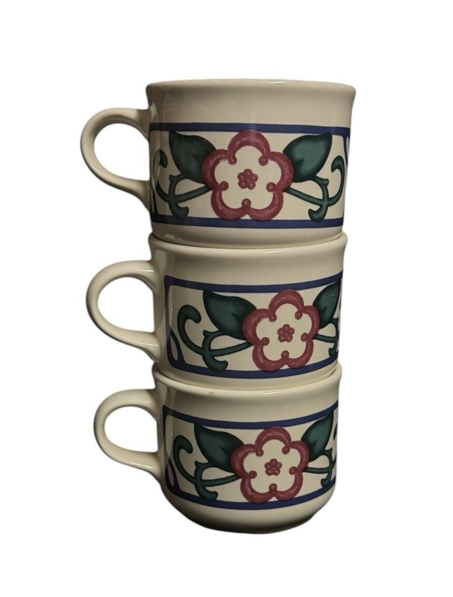 Pfaltzgraff Arbor Vine Set of 3 Coffee Tea Cups Mugs Stoneware Cream Floral