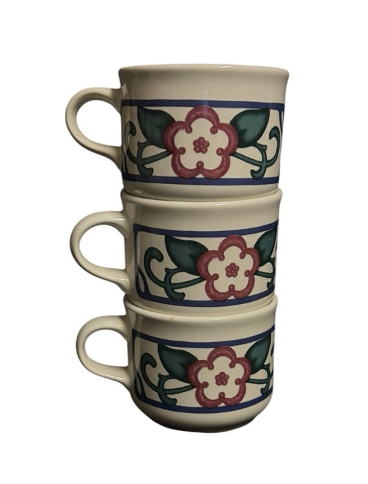 Pfaltzgraff Arbor Vine Set of 3 Coffee Tea Cups Mugs Stoneware Cream Floral