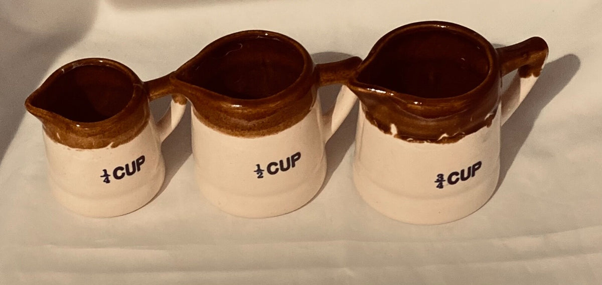 Vintage Measuring Cups Glazed Stoneware Set of 3 - 1/4, 1/2, 3/4 Brown Pottery