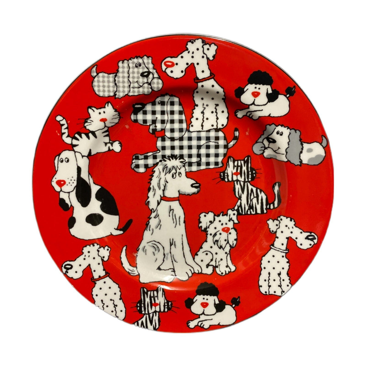 LivingQuarters 4 Salad Plates CARSON PIRIE Dogs Puppies Cats Kittens 8 1/4”D