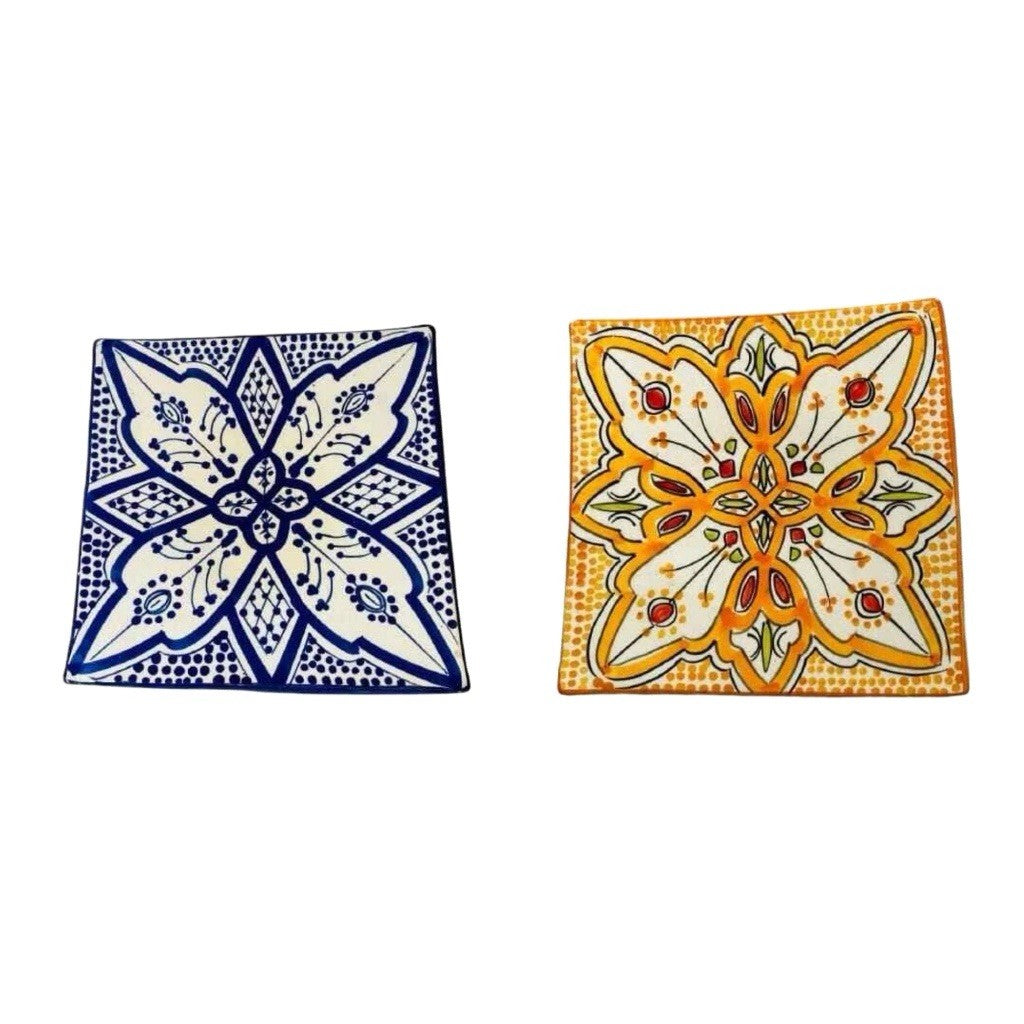 Set of 6 Moroccan Hand Painted Pottery Plates – 3 Blue, 3 Orange Square 6.5”