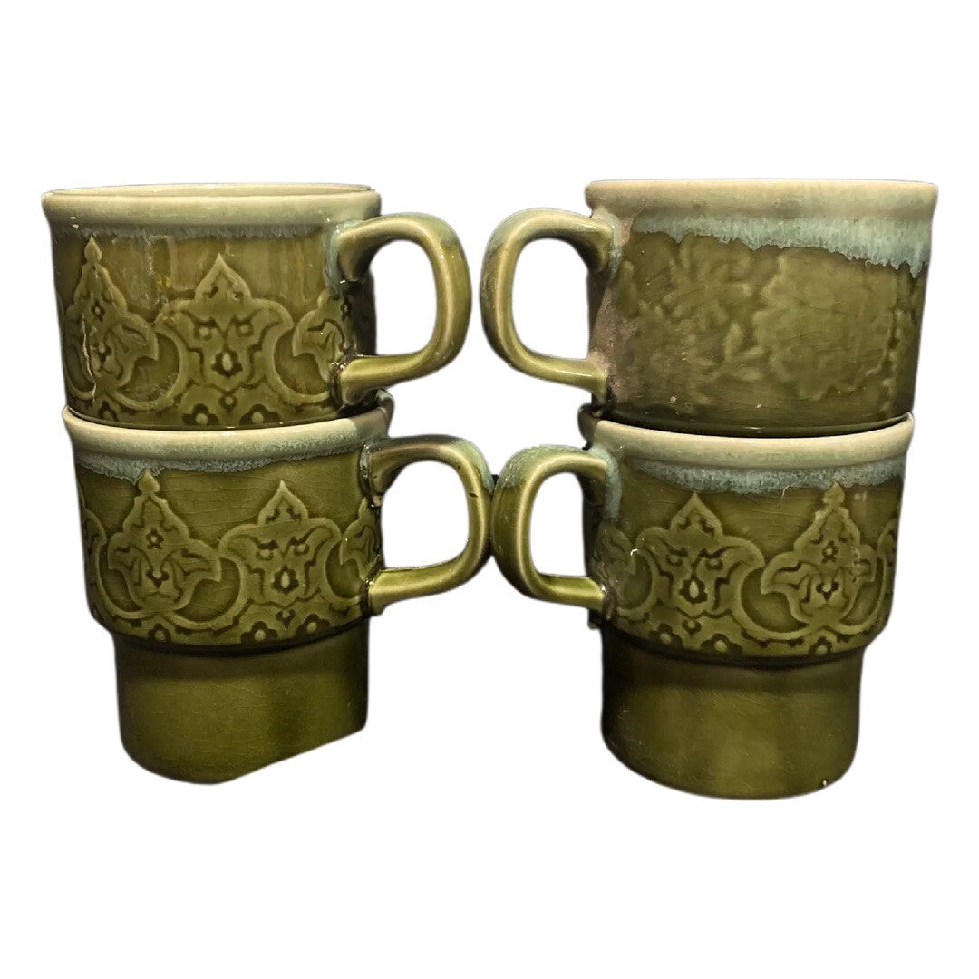 Vintage Japan Green Drip Glaze Stackable Coffee Mugs Set of 4 Geometric
