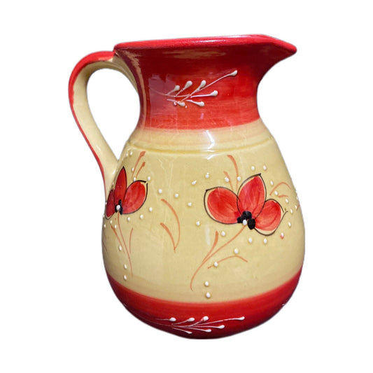 Hnos. Pedraza Spanish Ceramic Pitcher — Textured Red, White & Yellow, Spain