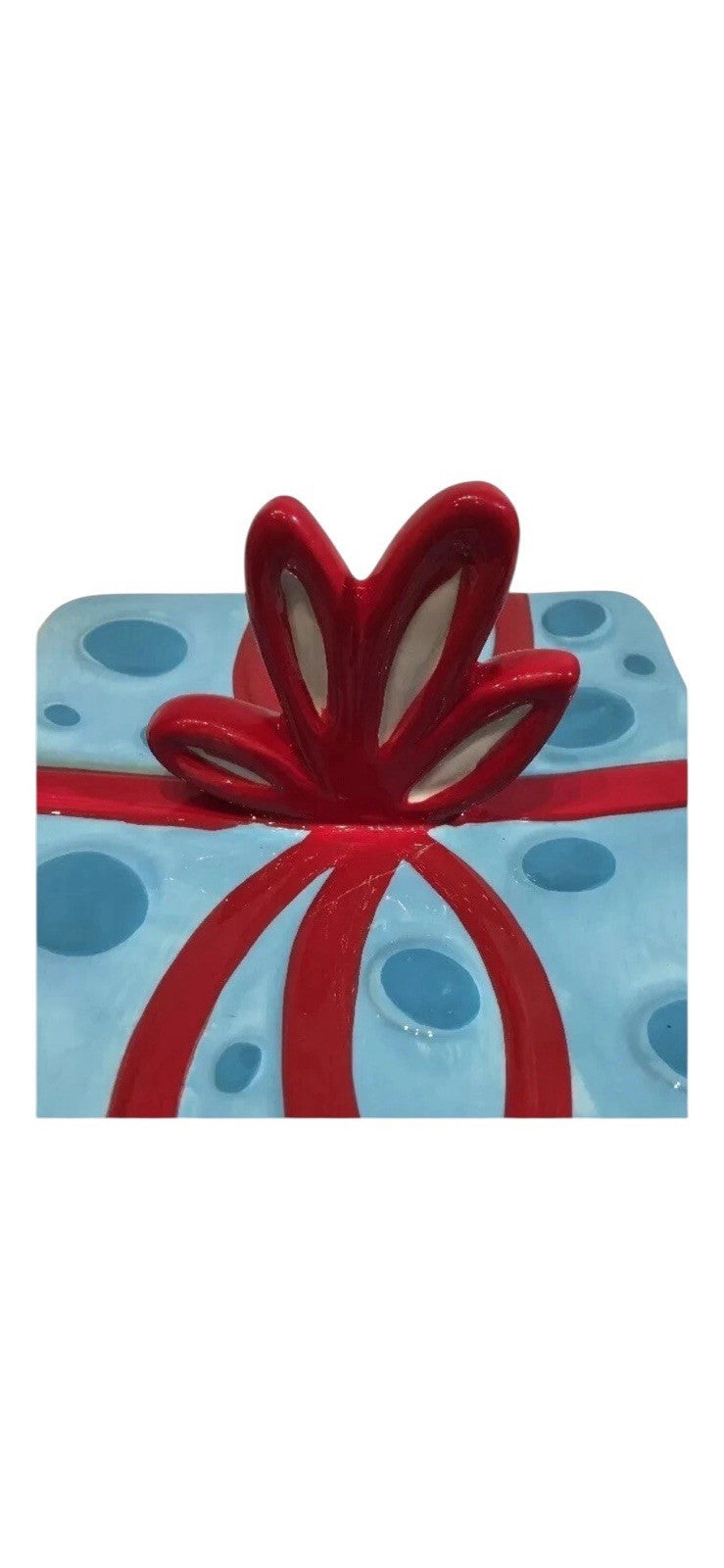 Sleigh Bell Bistro Ceramic Cookie Candy Jar Present Shape Aqua Red Bow Holiday