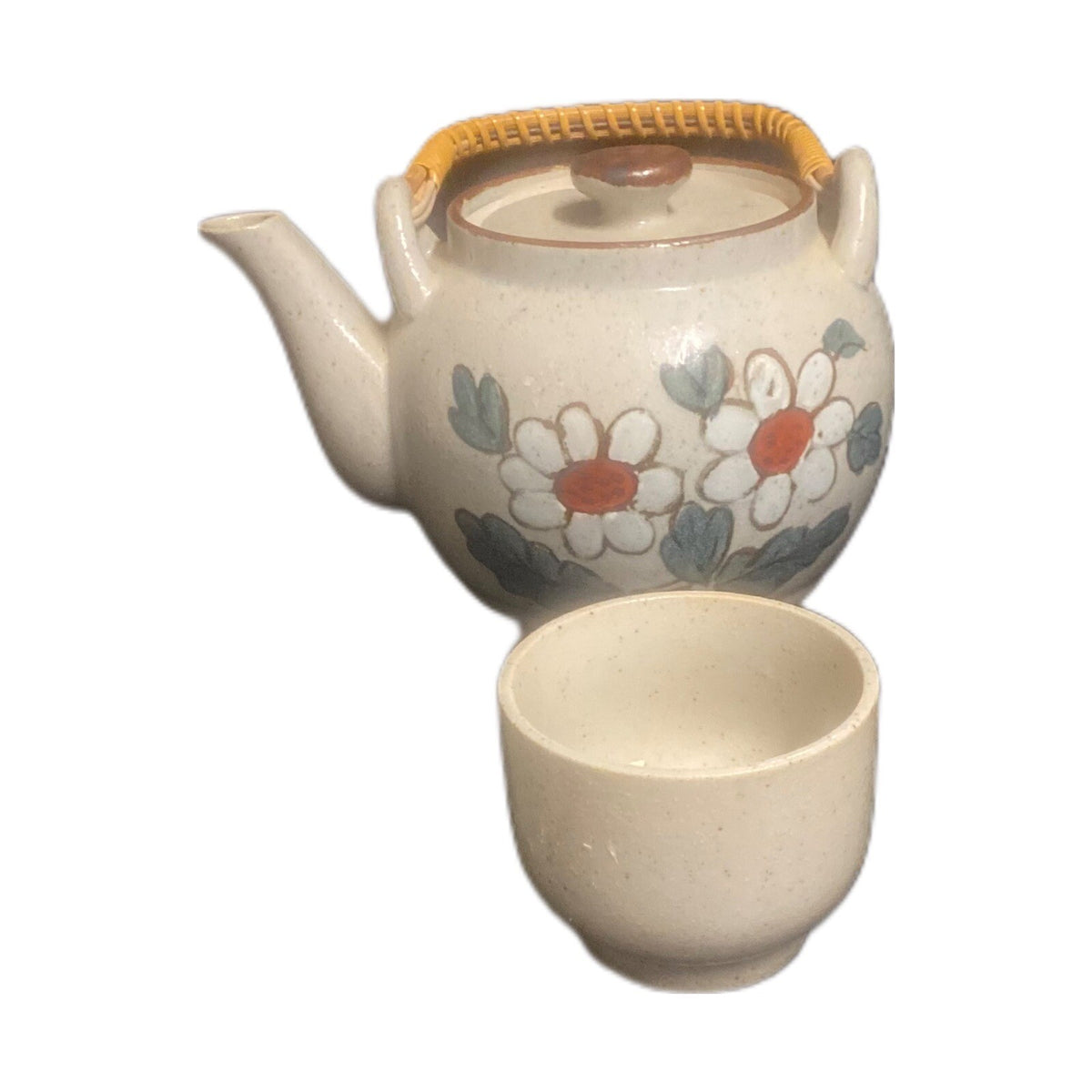 Vintage Lidded Teapot & 3 Cups Floral Stoneware Tea Kettle Ceremony Pottery