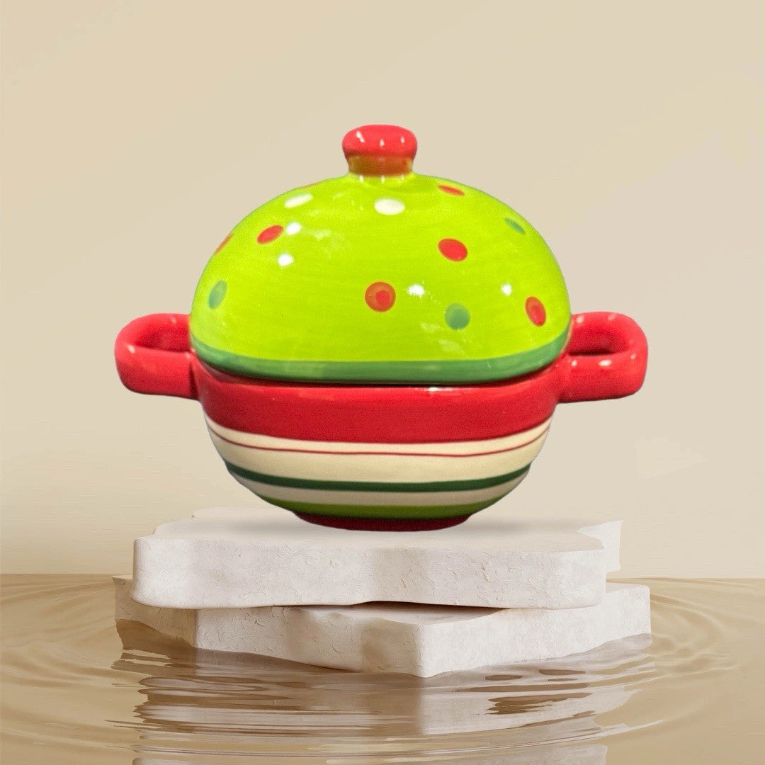 Set of 2 Festive Polka Dot Ceramic Soup Bowls w/ Lids – Handpainted Red Green