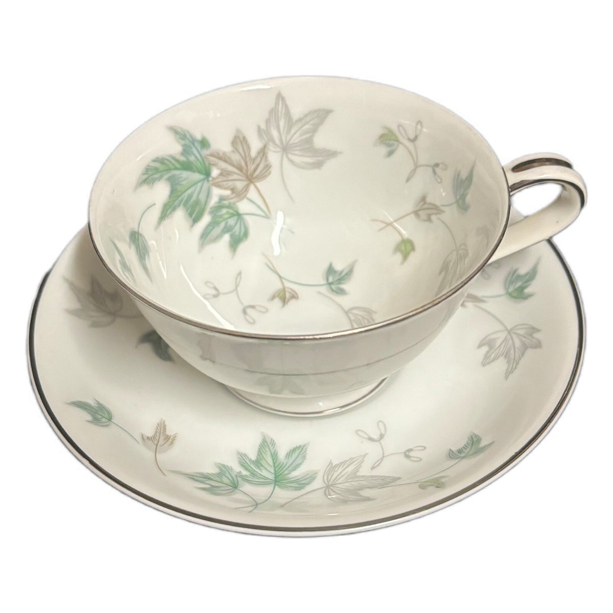 Noritake Greenwood 4-Footed Cups 4 Saucers Tea Set Silver Trim Leaves Japan 5769