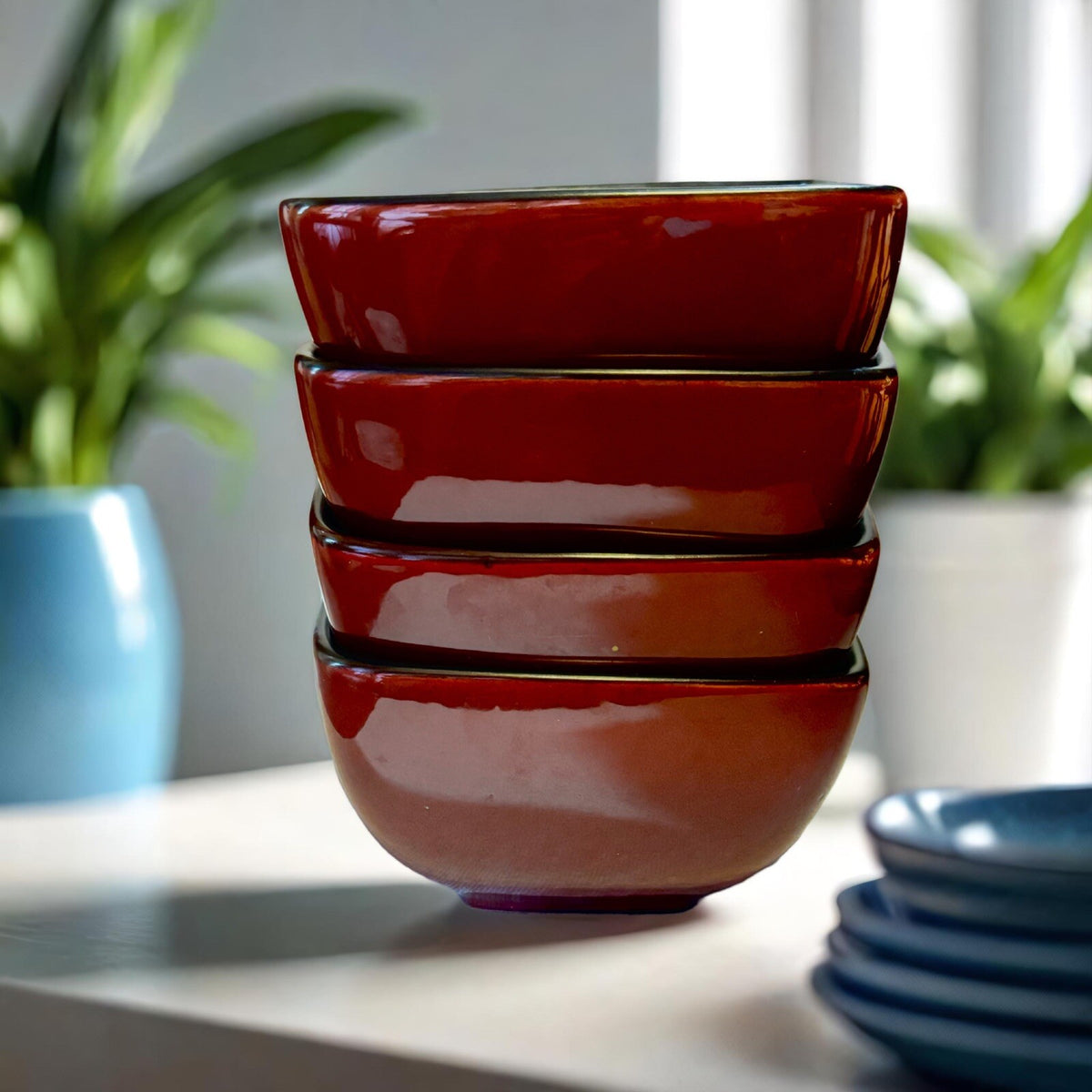 Simple Dining 4-Soup Bowls Solid Burgundy Square Shaped Square Cereal Stoneware