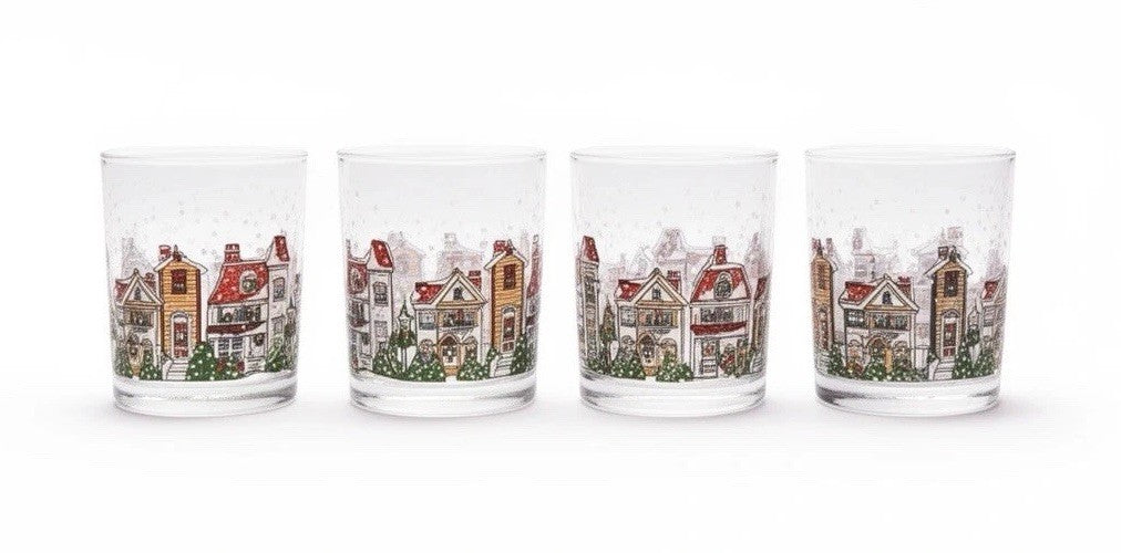 Luminarc D’Arques Dublin 1992 Christmas Village Rocks Glasses Set 4