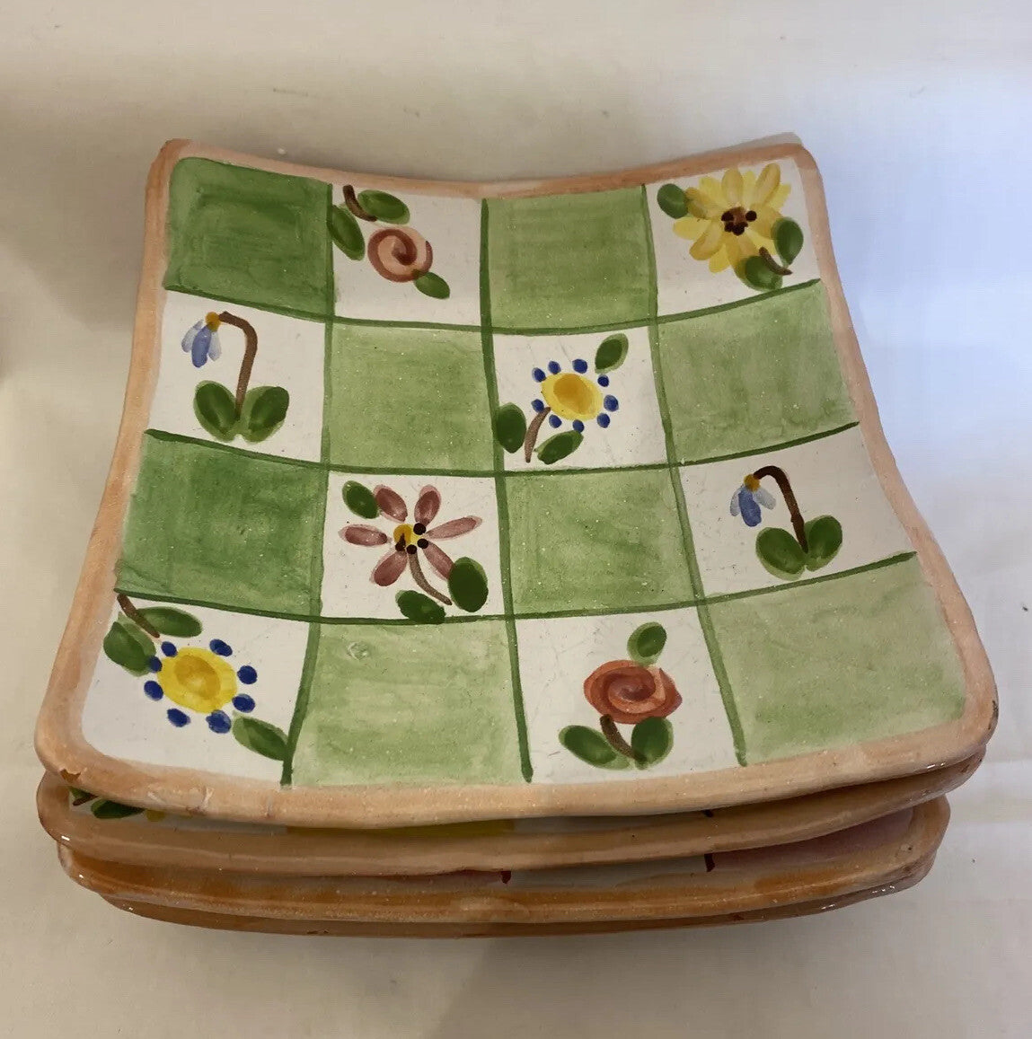 Rare Hand Painted And Signed 4-Square Salad Appetizer Tapas Clay Plates 6 3/4"SQ