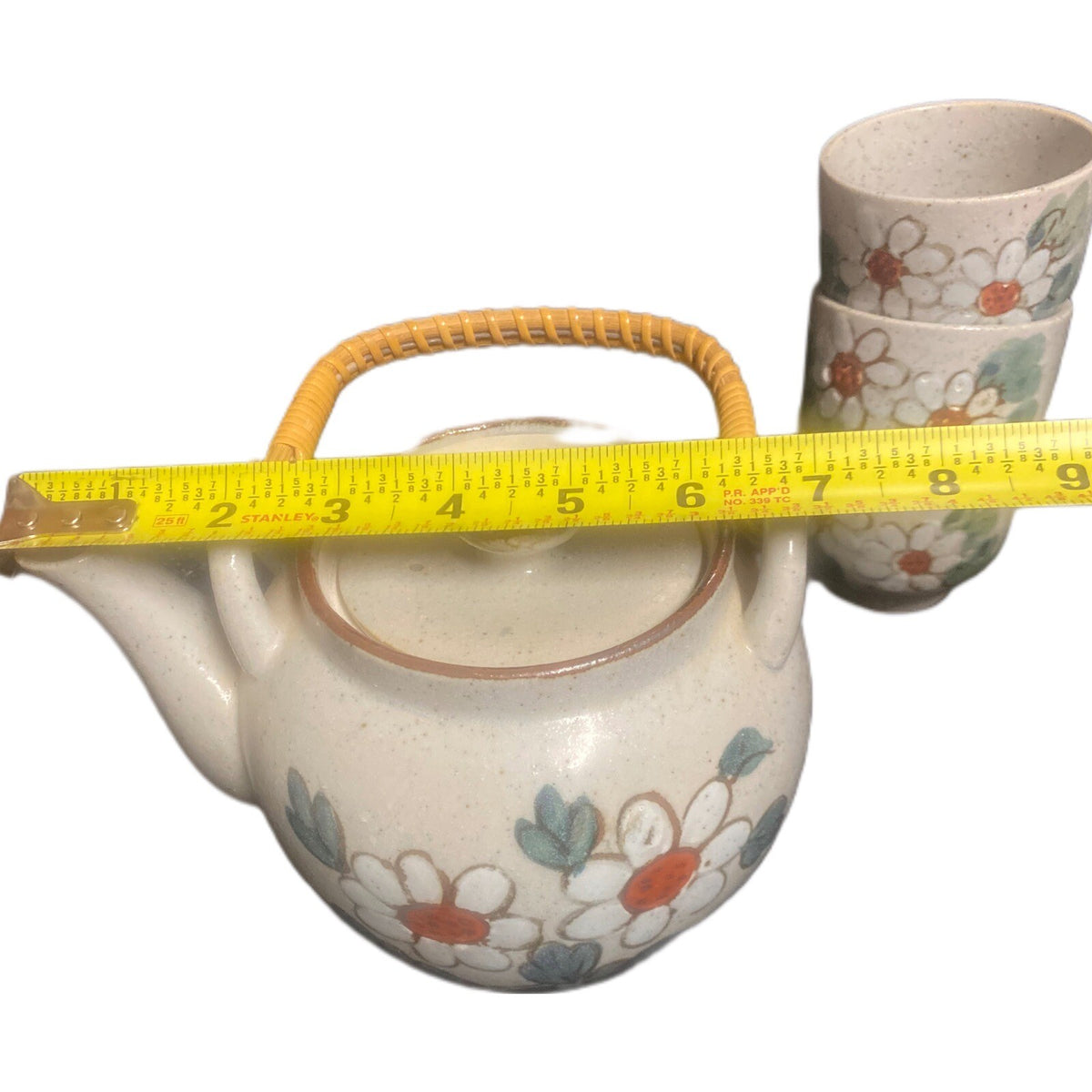 Vintage Lidded Teapot & 3 Cups Floral Stoneware Tea Kettle Ceremony Pottery