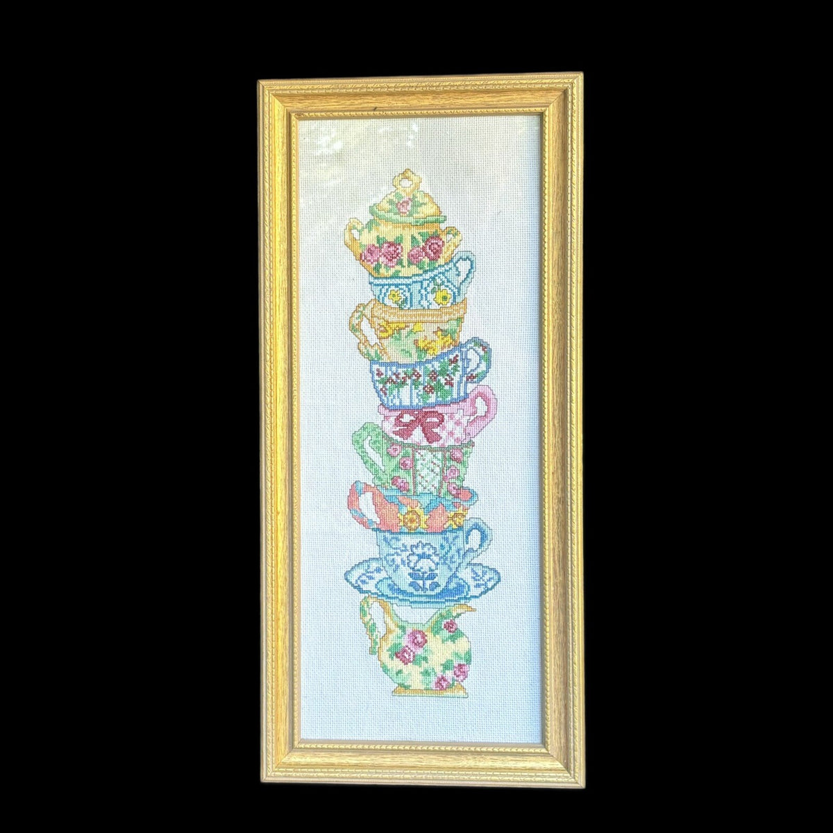 Framed Needlework Stacked Colorful Tea Cups Wall Hanger Cross Stitch
