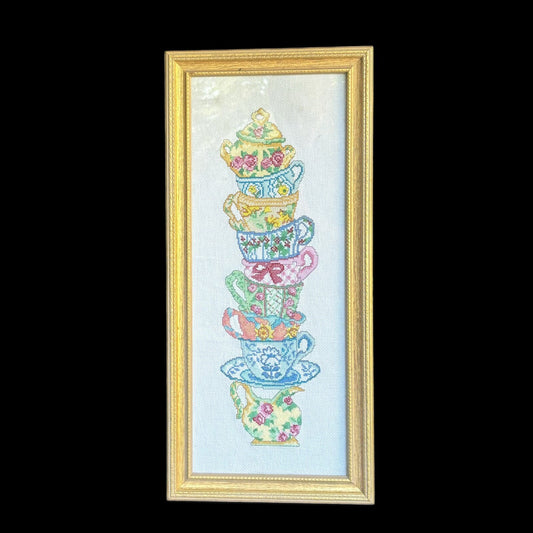 Framed Needlework Stacked Colorful Tea Cups Wall Hanger Cross Stitch