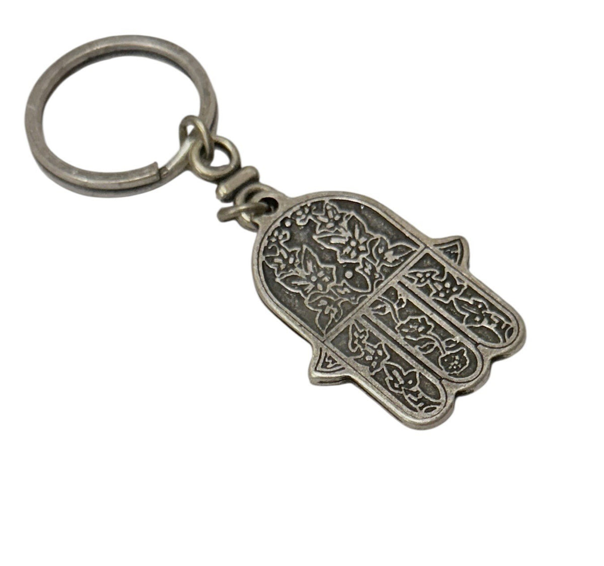 Vintage Moroccan Hamsa Hand Keychain Souvenir du Maroc Silver Tone Key Ring