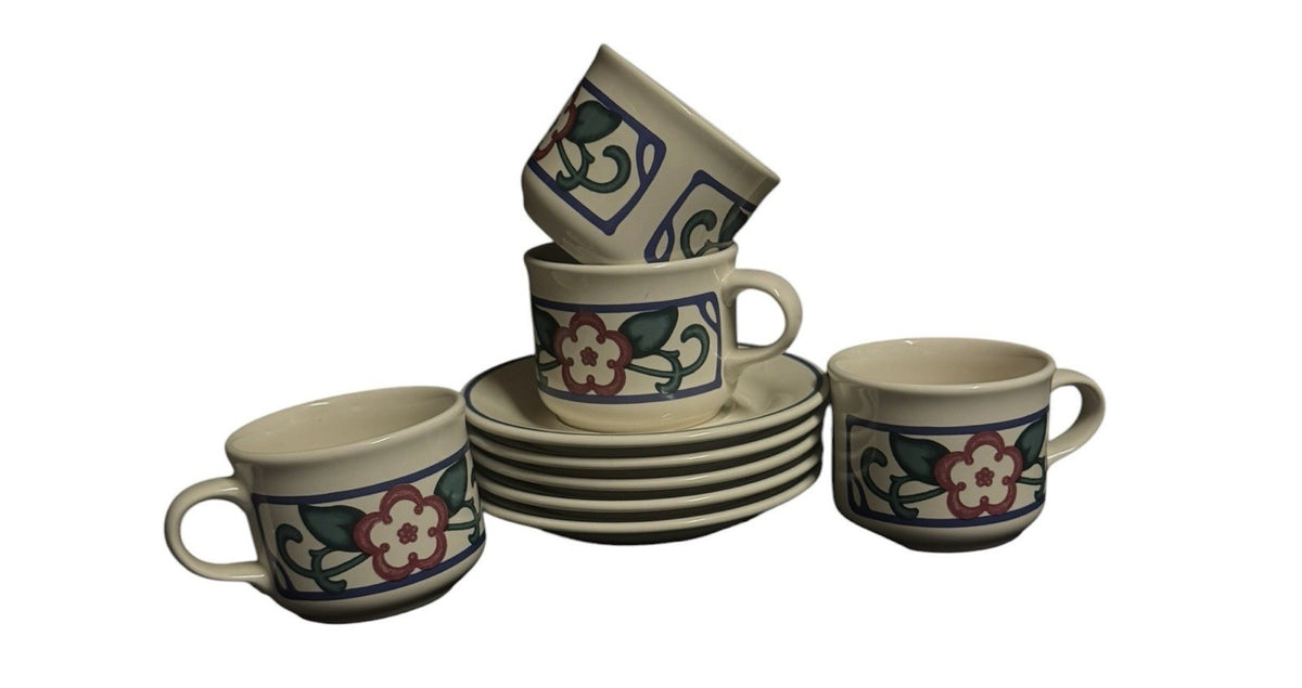 Pfaltzgraff Arbor Vine Set of 4 Cups and Saucers Stoneware Coffee Tea Floral