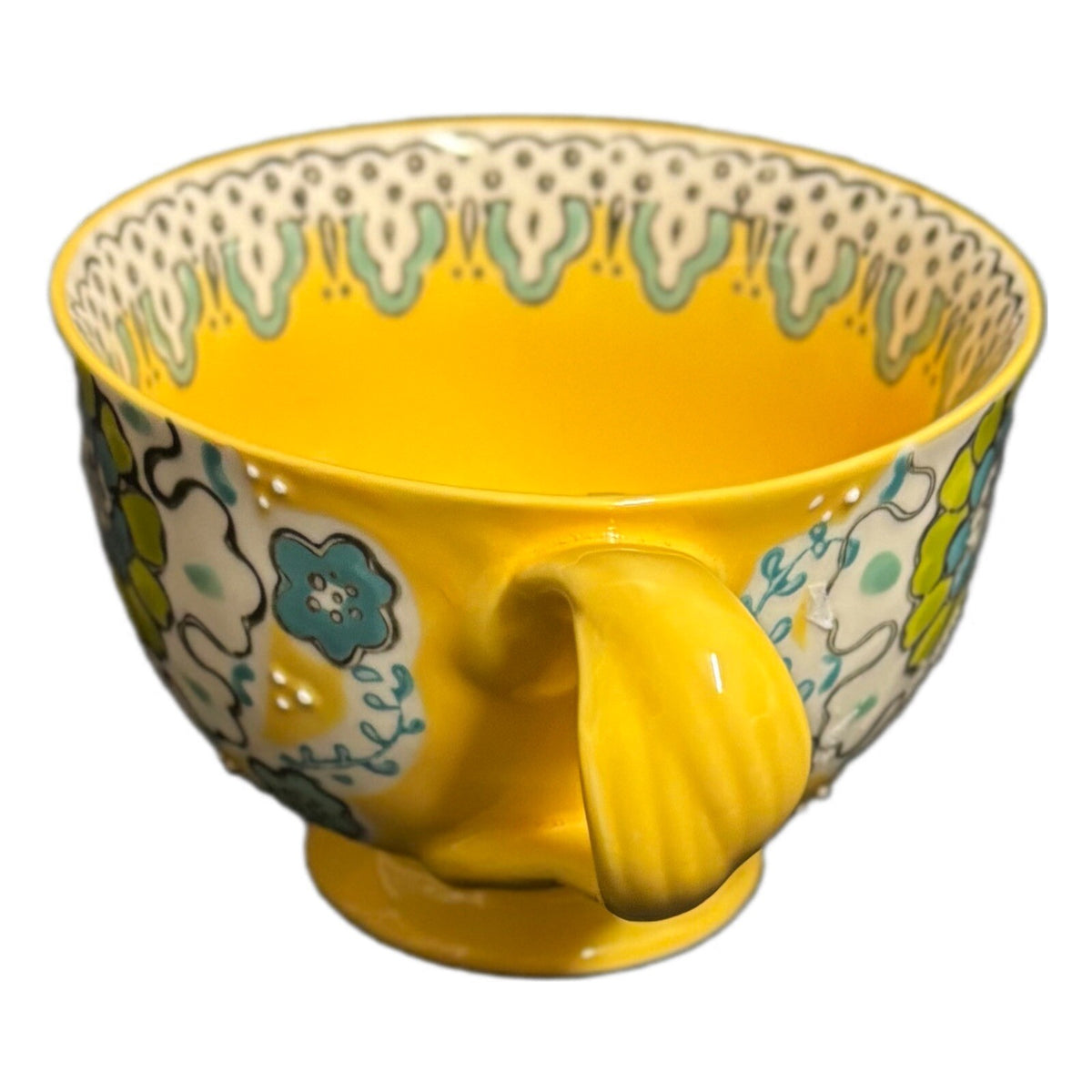 Anthropologie ELKA AYAKA Mug Yellow Floral Footed Pedestal Cup Twisted Handle