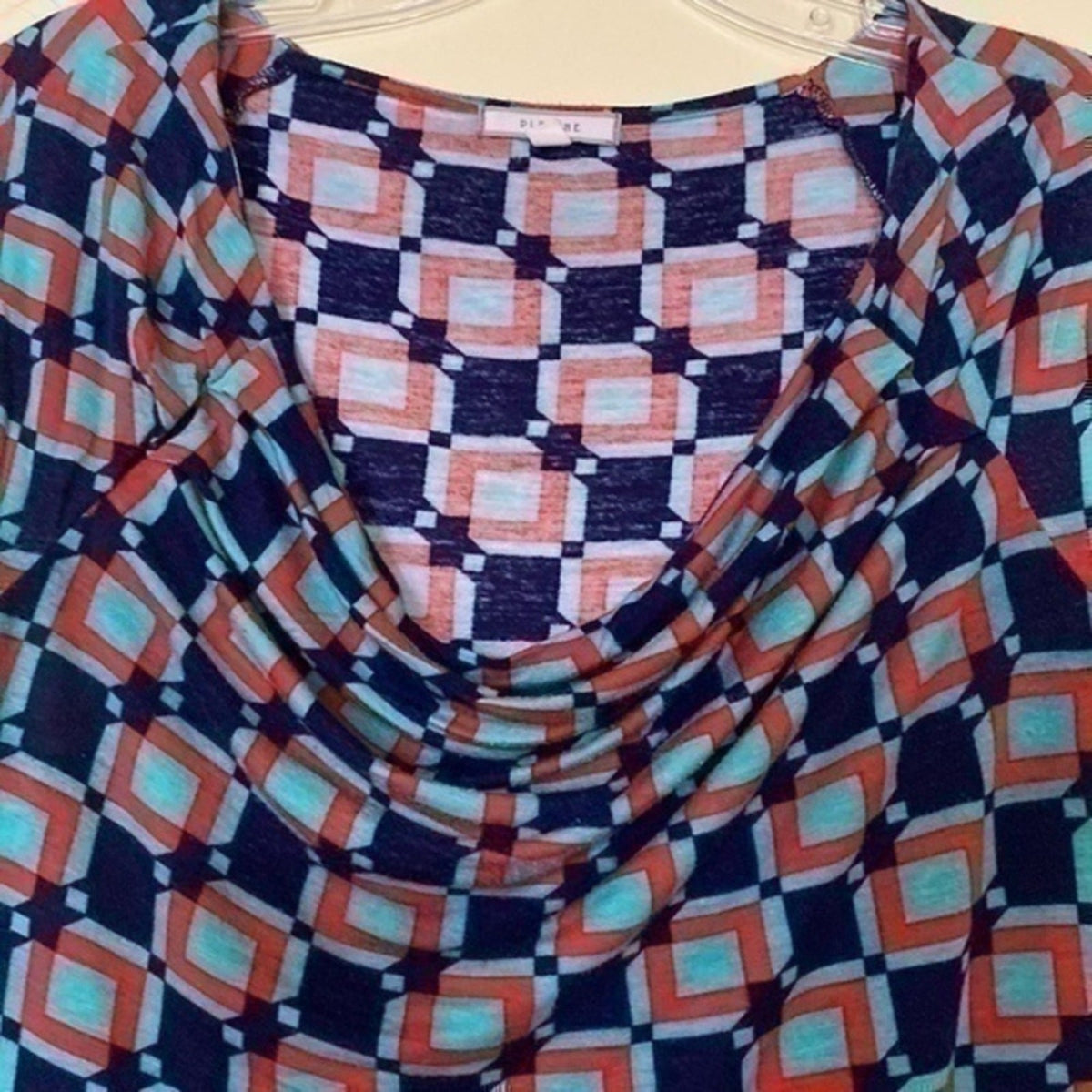 Pleione XS Women’s Blouse Red Blue Geometric Cowl Neck Cap Sleeve Stretch Top
